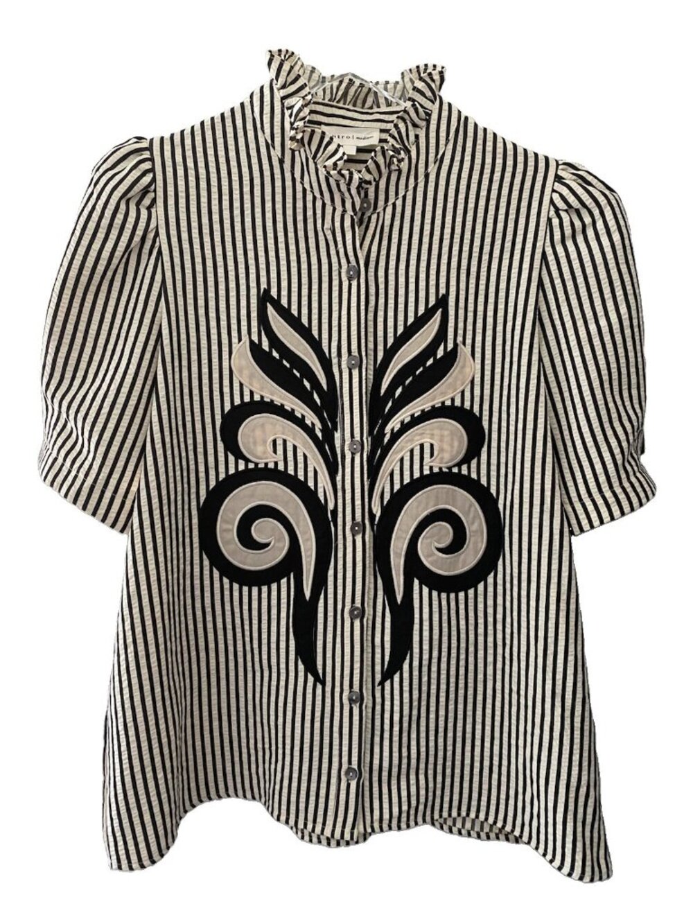 Entro Top M Fleur de Lis Button Up Stripe Black Romantic Feminine Flirty Blouse